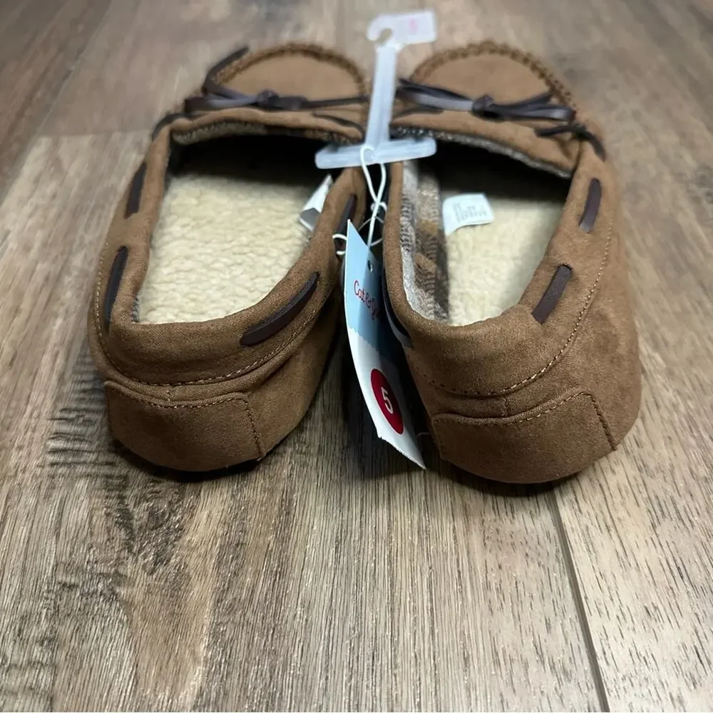 NWT!! Cat & Jack Boy's Faux Suede Brown Moccasin‎ Style Slippers, Lined, Size 5